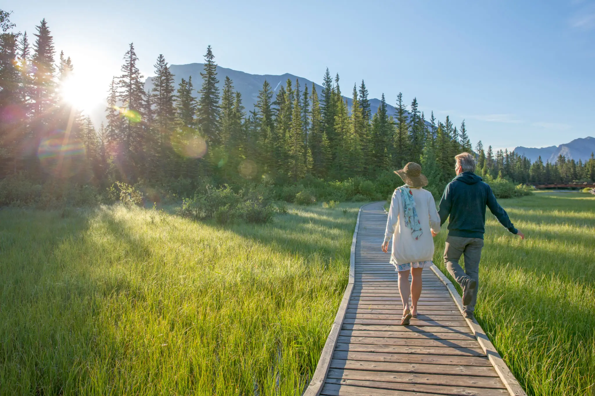 Couple walking on boardwalk through sunlit meadow